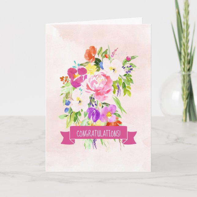 Flowers Bouquet Watercolor Wedding Congratulations Card (Front)
