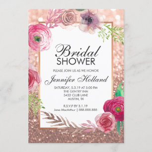 Flowers Bridal Shower Invite Pink RoseGold Glitter