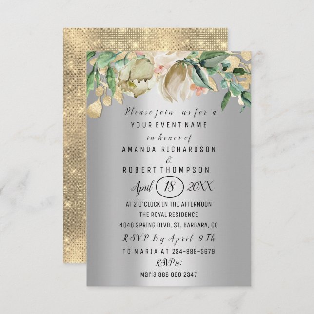Flowers Brunch Silver Gold Wedding Anniversary Invitation (Front/Back)
