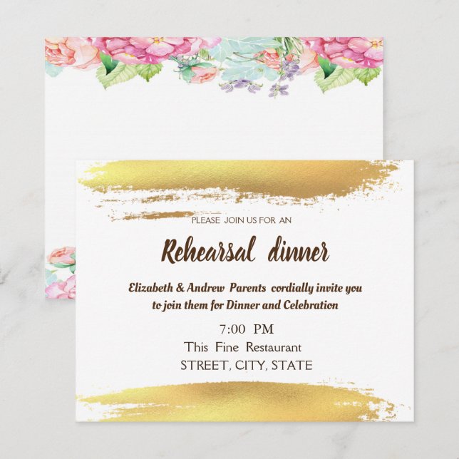 Flowers Brush Stroke  Wedding  Rehearsal Dinner Invitation (Front/Back)