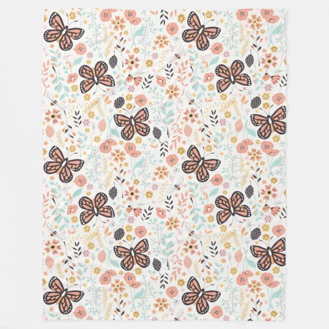 Flowers Butterflies And Bees Fleece Blanket (Front)