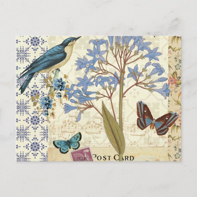 Flowers, Butterflies, and Bird Collage Postcard (Front)