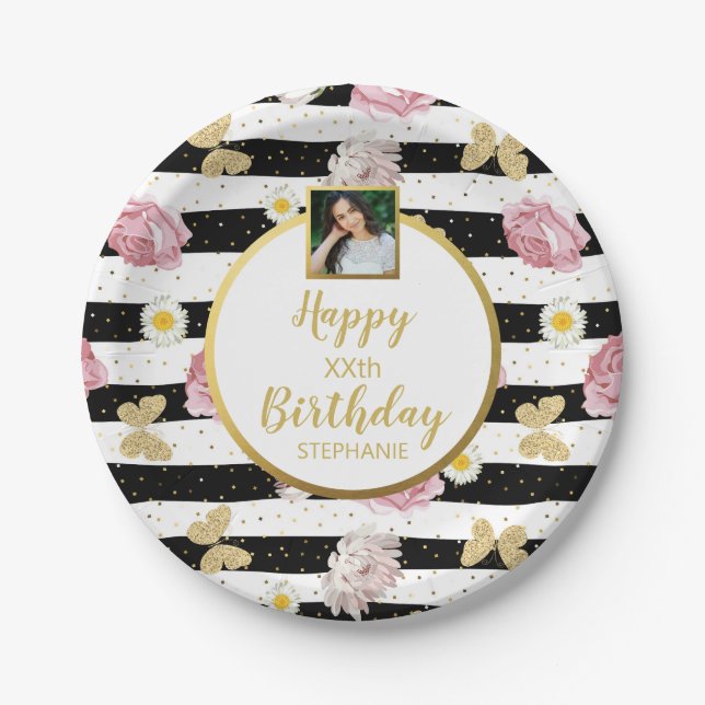 Flowers Butterflies, Birthday, Custom Photo Text Paper Plate (Front)