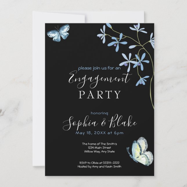 Flowers & Butterflies | Black Engagement Party Invitation (Front)