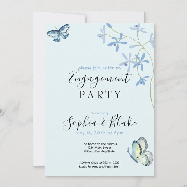 Flowers & Butterflies | Blue Engagement Party Invitation (Front)