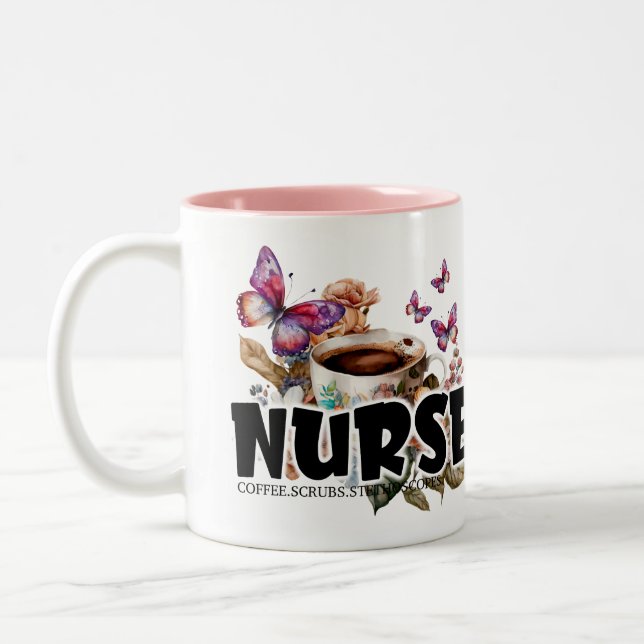 Flowers & Butterflies Nurse Life Two-Tone Coffee Mug (Left)