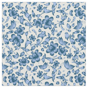 Flowers Butterflies Spring Floral Blue on White Fabric