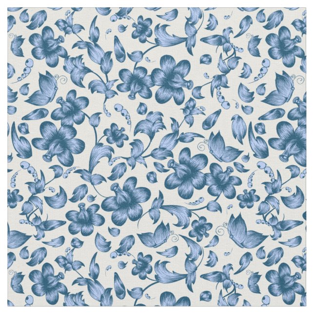 Flowers Butterflies Spring Floral Blue on White Fabric (Close Up)
