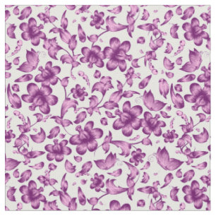 Flowers Butterflies Spring Floral Purple on White Fabric
