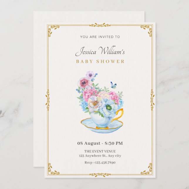 Flowers butterfly tea cup baby shower invitation (Front/Back)