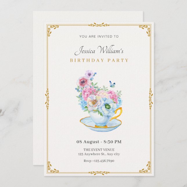 Flowers butterfly tea cup birthday invitation (Front/Back)