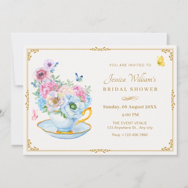 Flowers butterfly tea cup bridal shower invitation (Front)