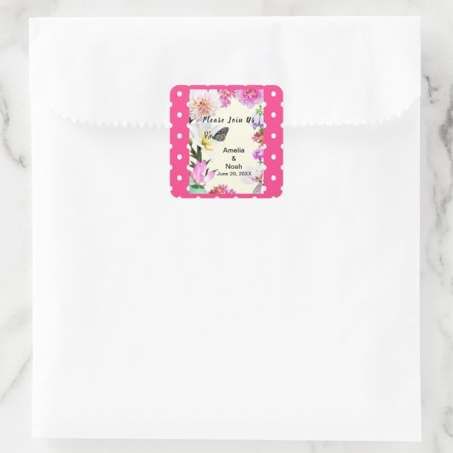 Flowers & Butterfly Watercolor Wedding Square Sticker (Bag)