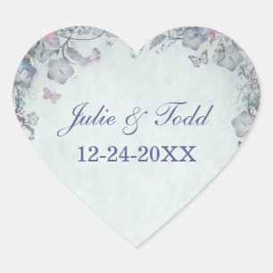 Flowers & Butterfly's Wedding Save The Date Heart Sticker