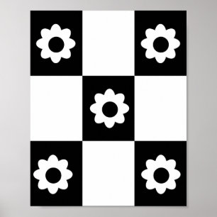 Flowers Chequered Pattern Black White Mod Squares Poster