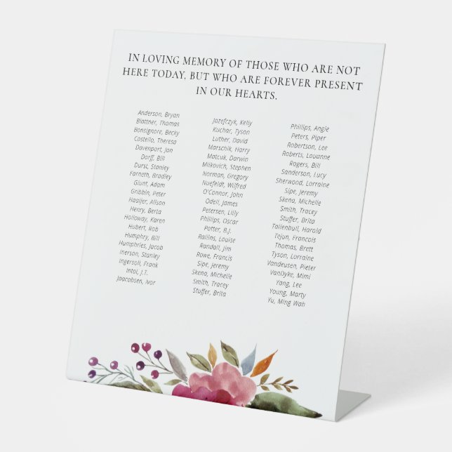  Flowers Class Reunion Memorial Up to 70 Names Pedestal Sign (Front)