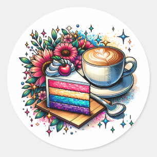Flowers, Coffee and Rainbow Cake   Classic Round Sticker