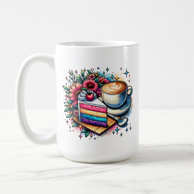 Flowers, Coffee and Rainbow Cake Personalized Mug (Left)