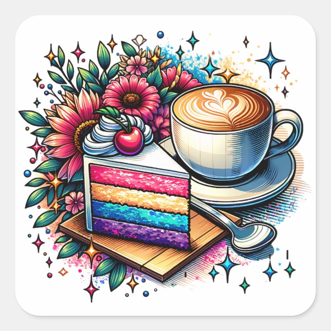 Flowers, Coffee and Rainbow Cake   Square Sticker (Front)