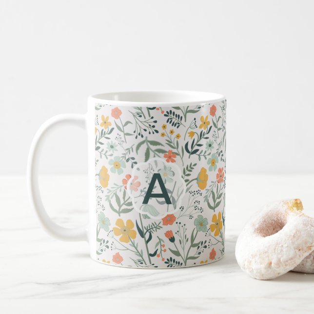 Flowers Coral Mustard Monogram Vivid  Coffee Mug (With Donut)