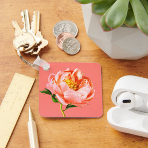 Flowers   Coral Peony Blossom Keychain