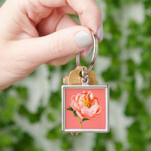 Flowers   Coral Peony Blossom Keychain