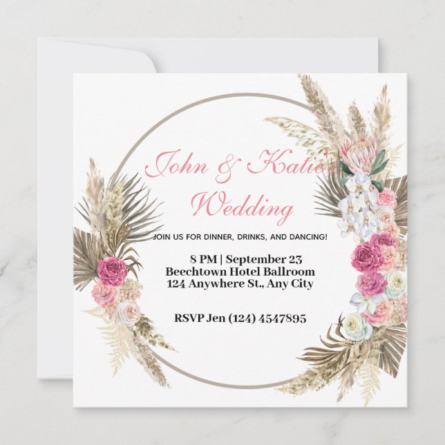 Flowers Crest | Rustic Kraft Circle Floral Wedding Invitation (Front)