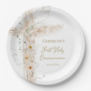 flowers cross First Holy Communion Paper Plate