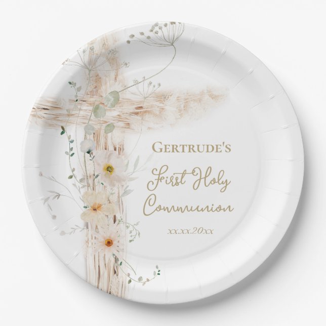 flowers cross First Holy Communion Paper Plate (Front)