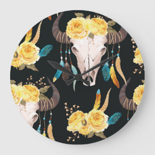 Flowers Decorated Buffalo Skull Seamless Large Clock