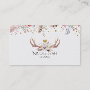 Flowers & Deer Antlers Boho Chic Glam Business Card