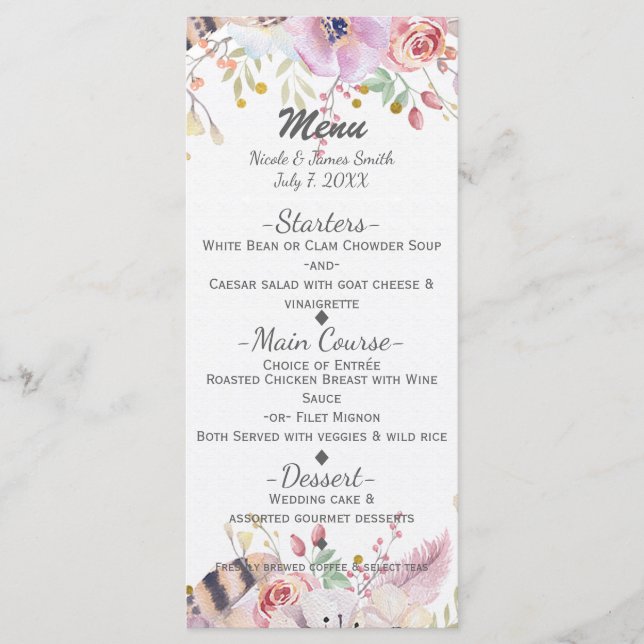 Flowers & Deer Antlers Rustic Country Wedding Menu (Front)
