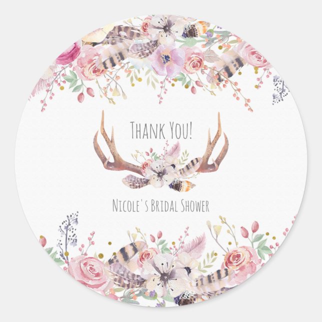 Flowers & Deer Antlers Rustic Wedding Favour Classic Round Sticker (Front)