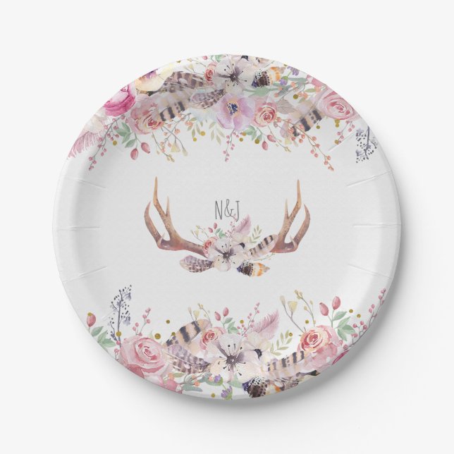 Flowers & Deer Antlers Rustic Wedding Party Event Paper Plate (Front)