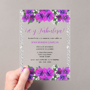 Flowers & Diamonds Feminine 40th Birthday Spanish Acrylic Invitations