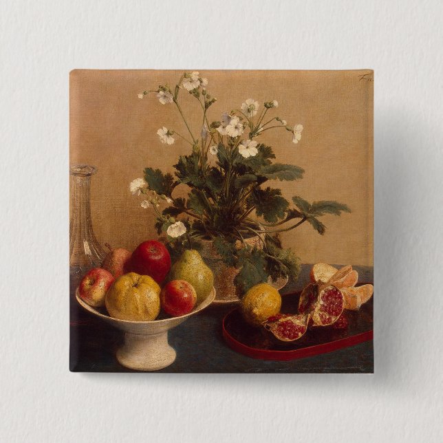 Flowers, dish with fruit and carafe, 1865 2 inch square button (Front)
