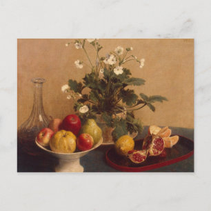 Flowers, dish with fruit and carafe, 1865 postcard