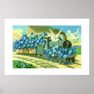 Flowers, doves and train poster