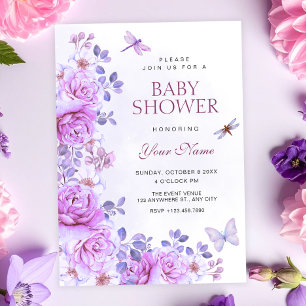 Flowers dragonfly baby shower invitation