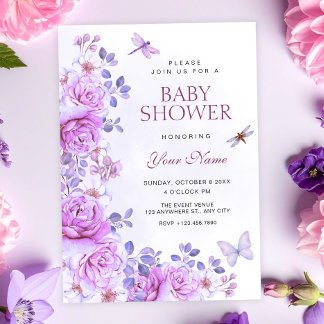 Flowers dragonfly baby shower invitation