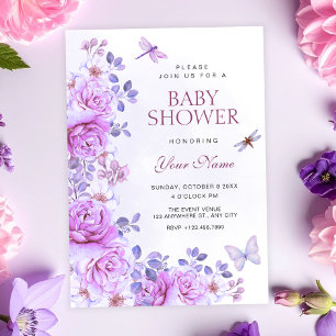 Flowers dragonfly baby shower invitation