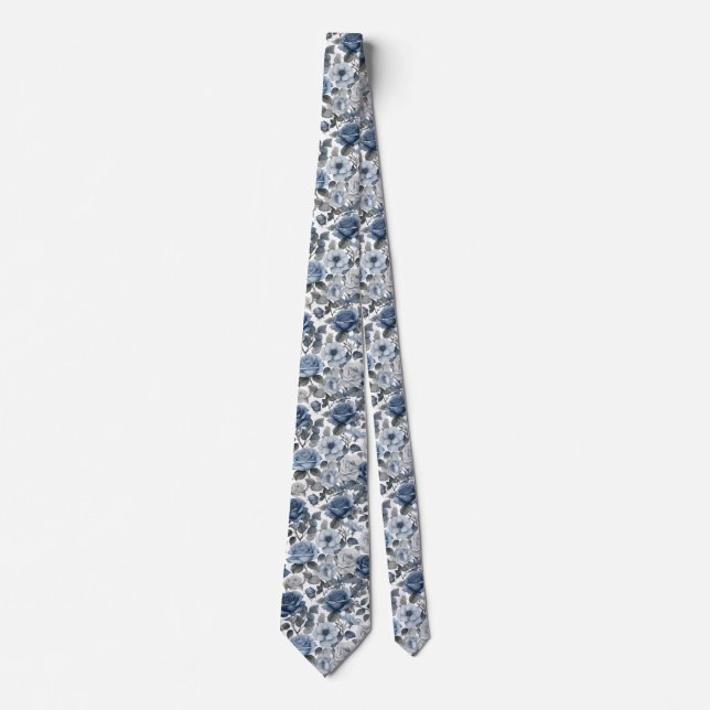 Flowers Dusty Blue Navy Roses Watercolor  Tie (Front)