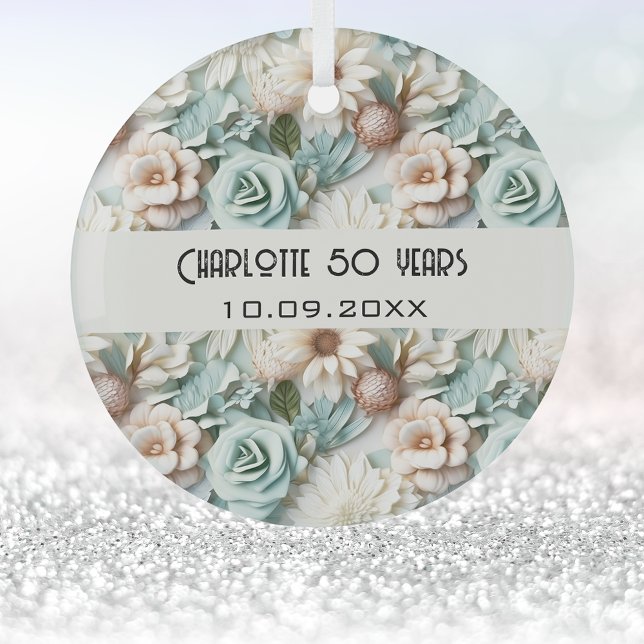 Flowers dusty green cream birthday name glass ornament (Creator Uploaded)
