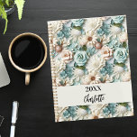 Flowers dusty green cream name script 2024 planner<br><div class="desc">A dusty green and cream coloured flower pattern.  Personalize and add a year (any year) and your name. The name is written with a modern hand lettered style script</div>