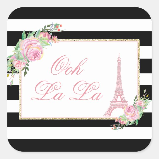 Flowers & Eiffel Tower Birthday Party Square Sticker (Front)