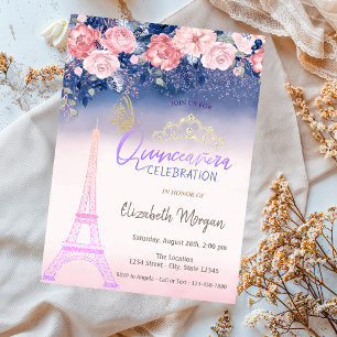 Flowers,Eiffel Tower Butterfly Ombre Quinceanera  Invitation