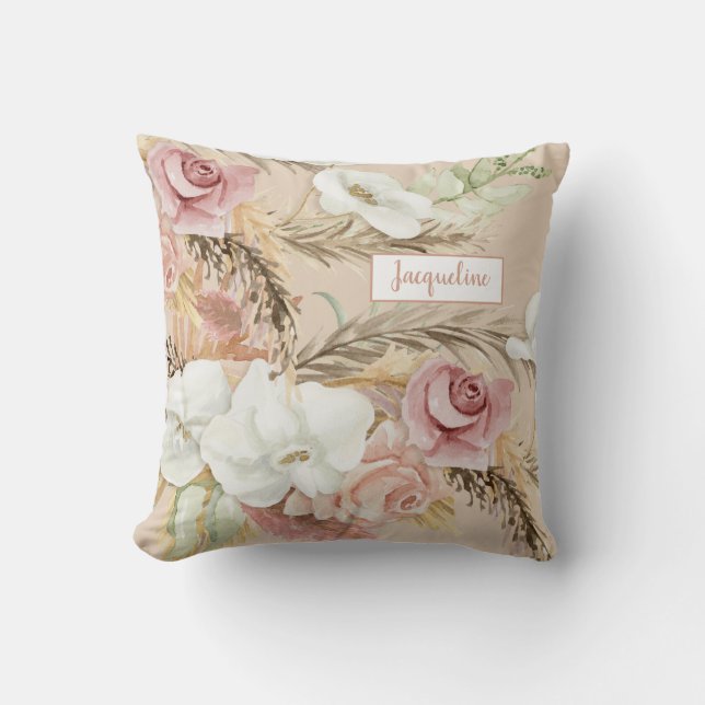 Flowers Elegant Pampas Blush Pink Rose Watercolor Throw Pillow (Front)