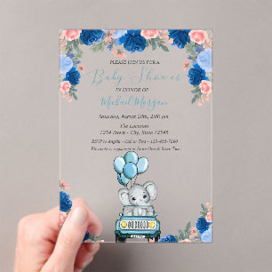 Flowers, Elephant Car Baby Shower Acrylic Invitations