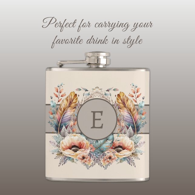 Flowers feathers add initial brown hip flask (Creator Uploaded)
