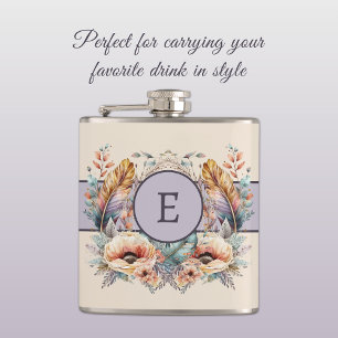 Flowers feathers add initial purple hip flask